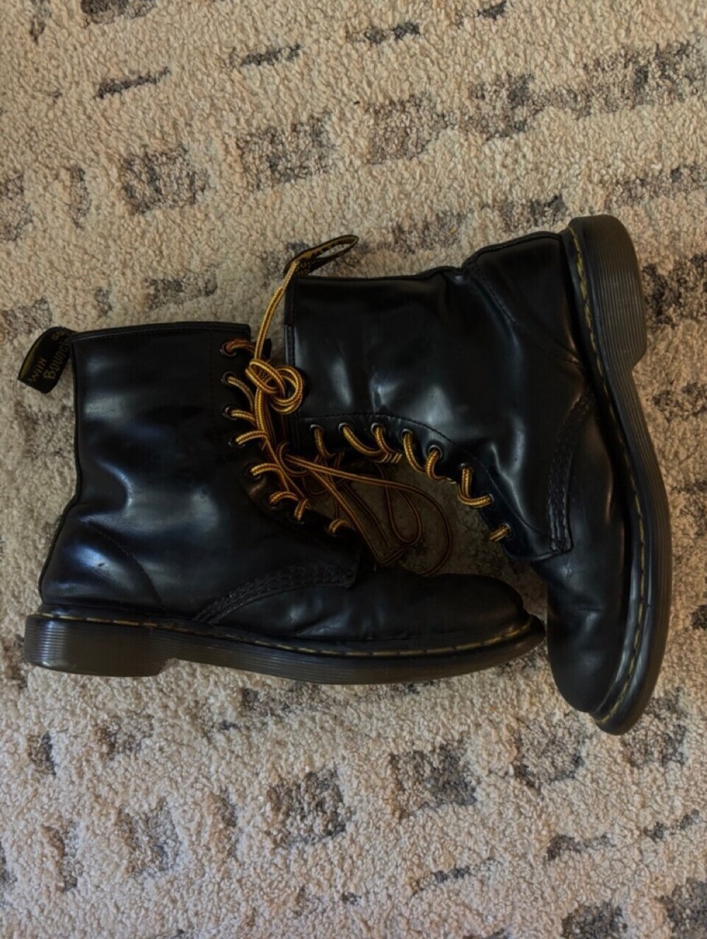 Dr. Martens 1460 Black Leather 8 Eye Lace Up Boots Yellow Stitching